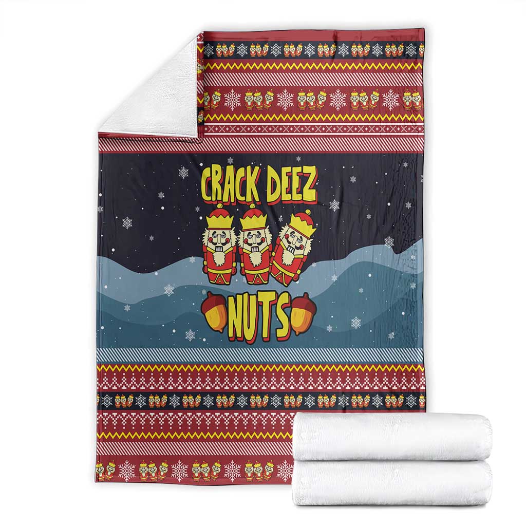 Funny Nutcracker Christmas Blanket with Crack Deez Nuts Quote and Holiday Pattern Design - Wonder Print Shop