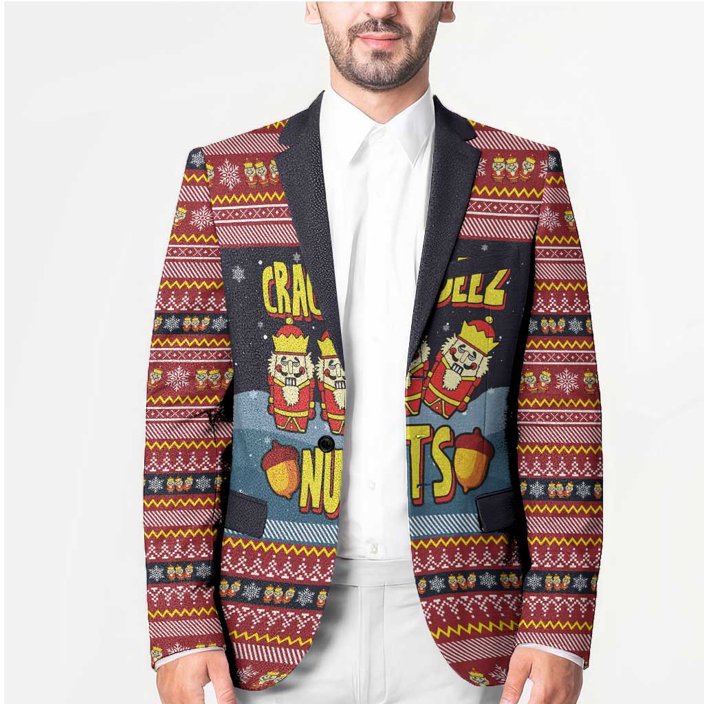 Funny Nutcracker Christmas Blazer with Crack Deez Nuts Quote and Holiday Pattern Design - Wonder Print Shop