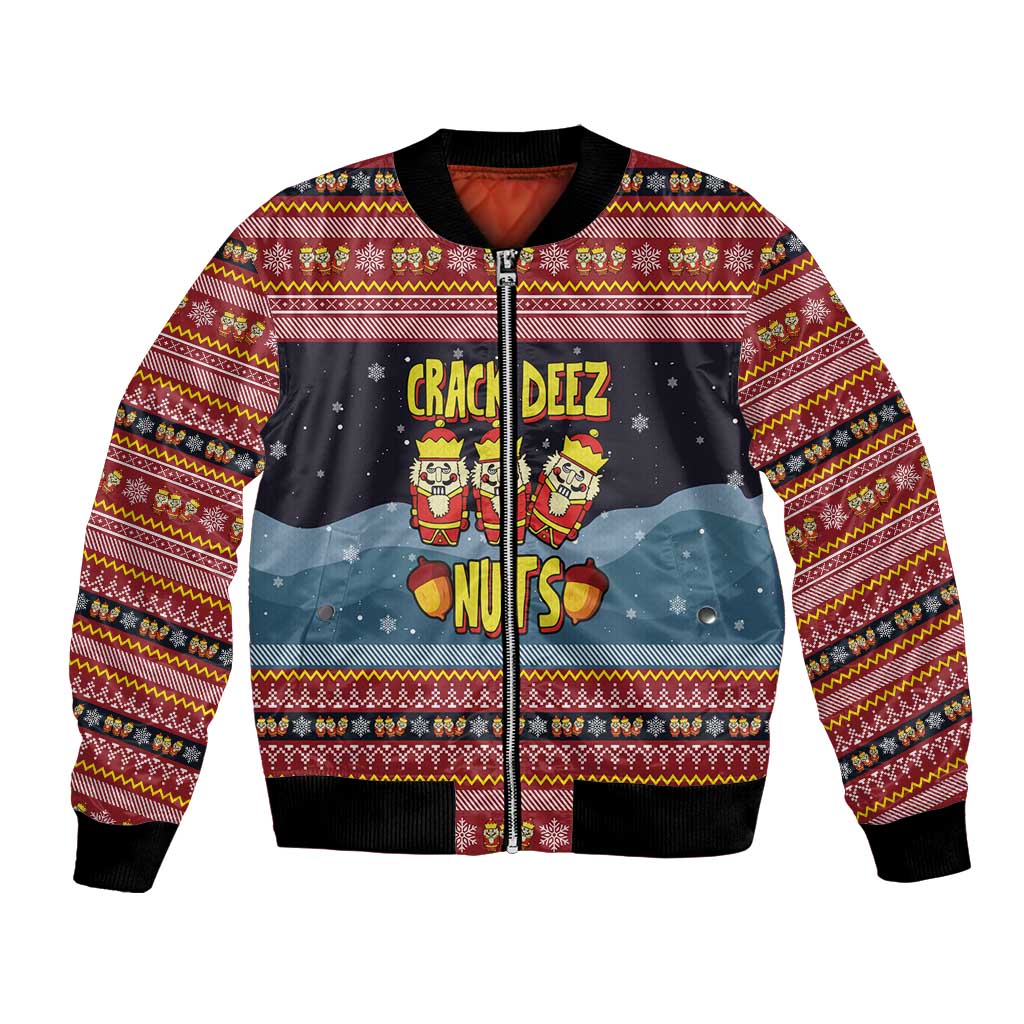 Funny Nutcracker Christmas Bomber Jacket with Crack Deez Nuts Quote and Holiday Pattern Design - Wonder Print Shop