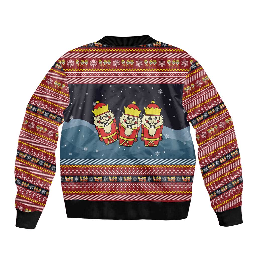 Funny Nutcracker Christmas Bomber Jacket with Crack Deez Nuts Quote and Holiday Pattern Design - Wonder Print Shop