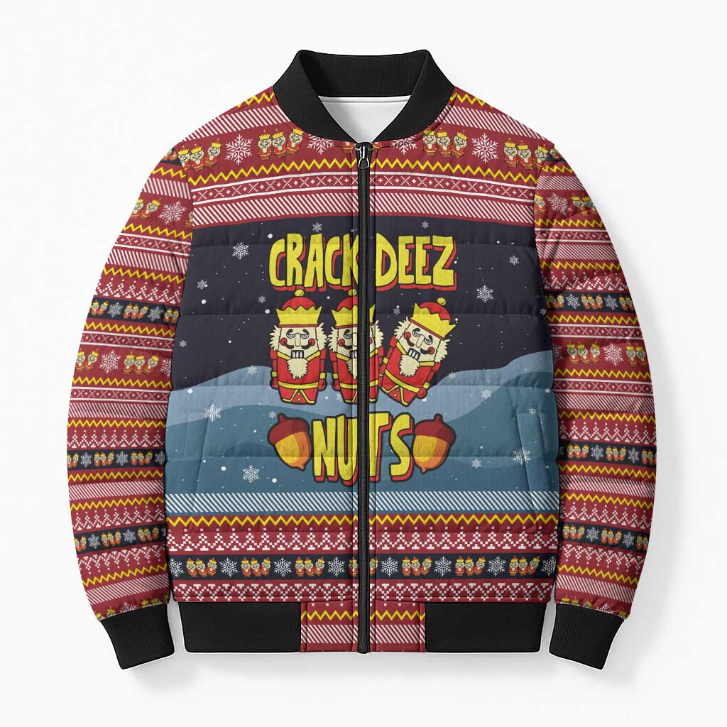 Funny Nutcracker Christmas Bomber Puffer Jacket with Crack Deez Nuts Quote and Holiday Pattern Design - Wonder Print Shop