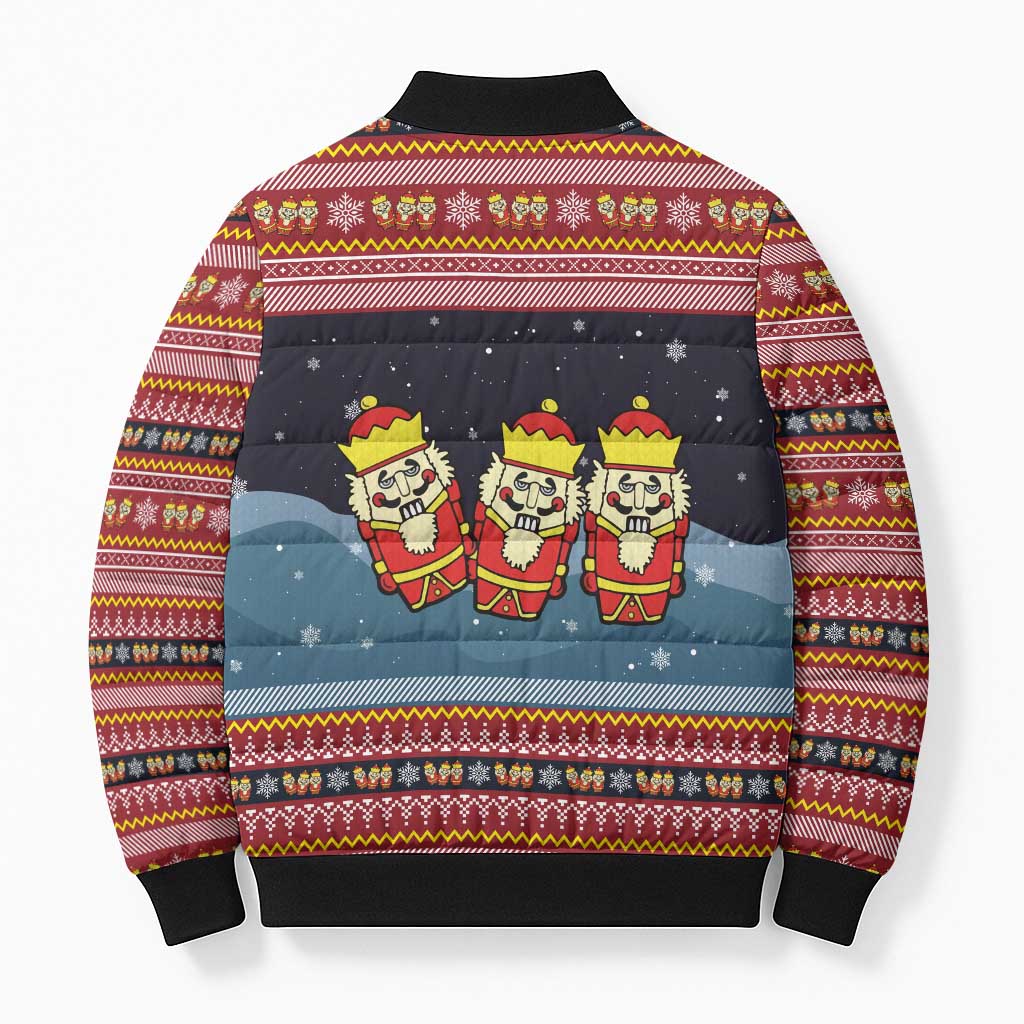 Funny Nutcracker Christmas Bomber Puffer Jacket with Crack Deez Nuts Quote and Holiday Pattern Design - Wonder Print Shop