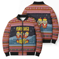 Funny Nutcracker Christmas Bomber Puffer Jacket with Crack Deez Nuts Quote and Holiday Pattern Design - Wonder Print Shop