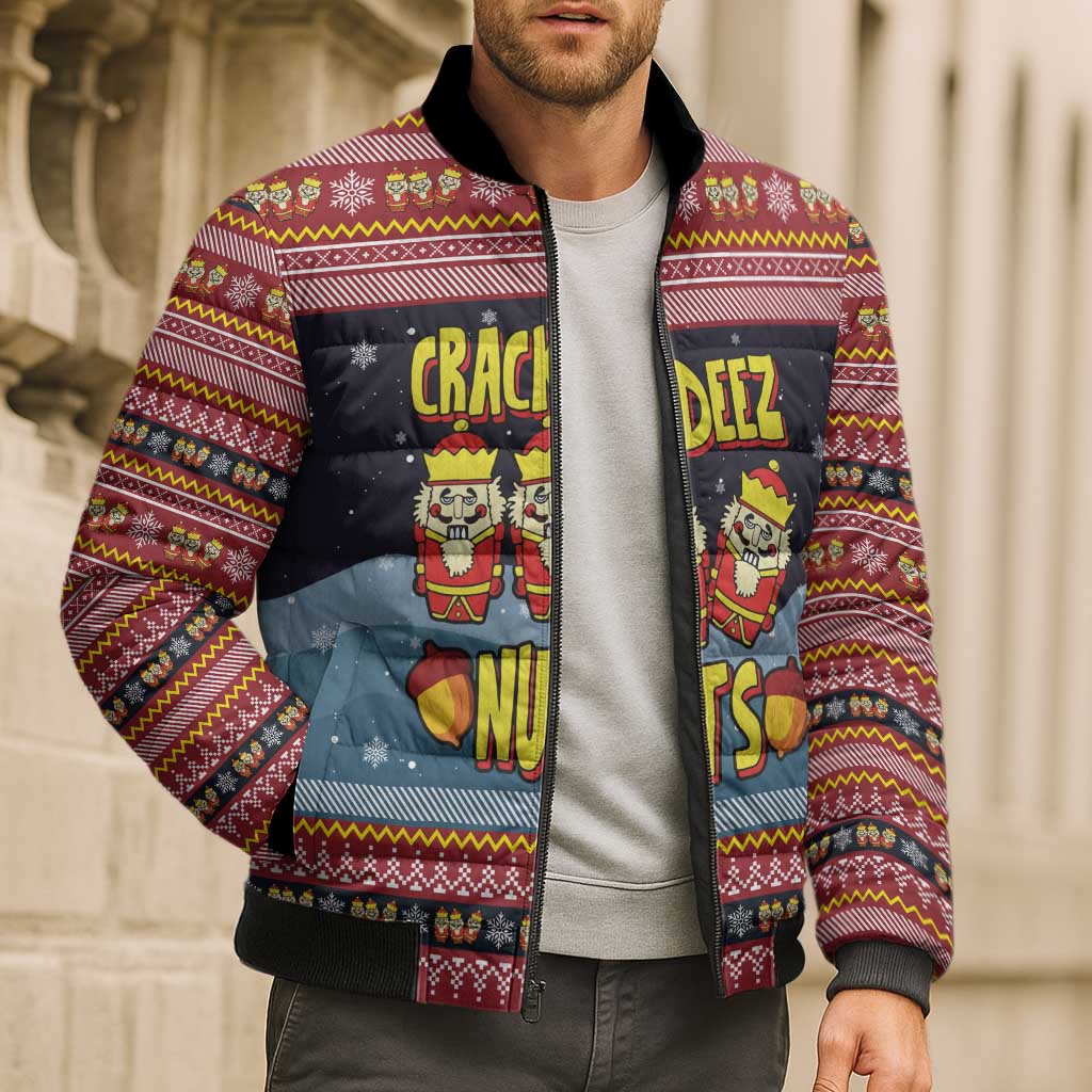 Funny Nutcracker Christmas Bomber Puffer Jacket with Crack Deez Nuts Quote and Holiday Pattern Design - Wonder Print Shop
