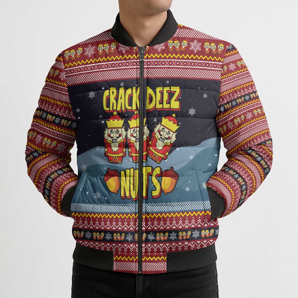 Funny Nutcracker Christmas Bomber Puffer Jacket with Crack Deez Nuts Quote and Holiday Pattern Design - Wonder Print Shop