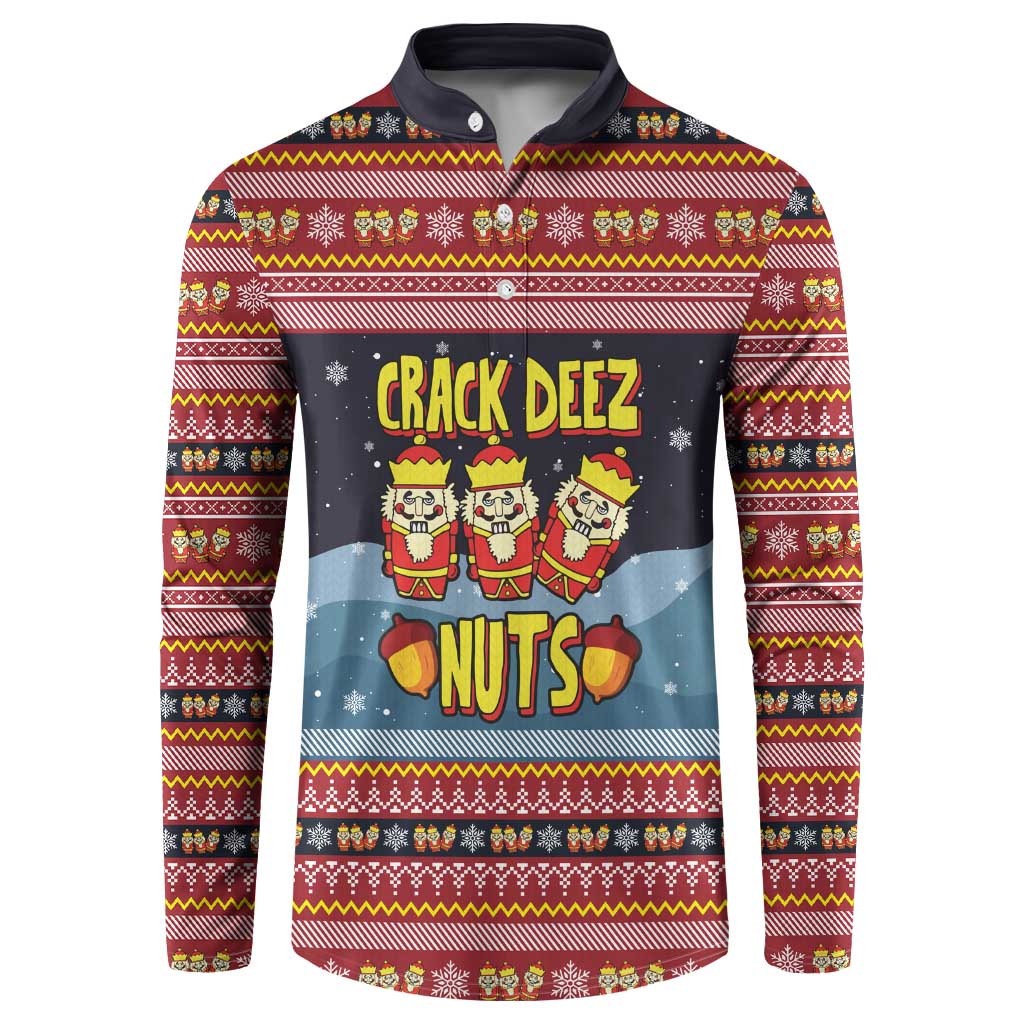 Funny Nutcracker Christmas Button Sweatshirt with Crack Deez Nuts Quote and Holiday Pattern Design - Wonder Print Shop