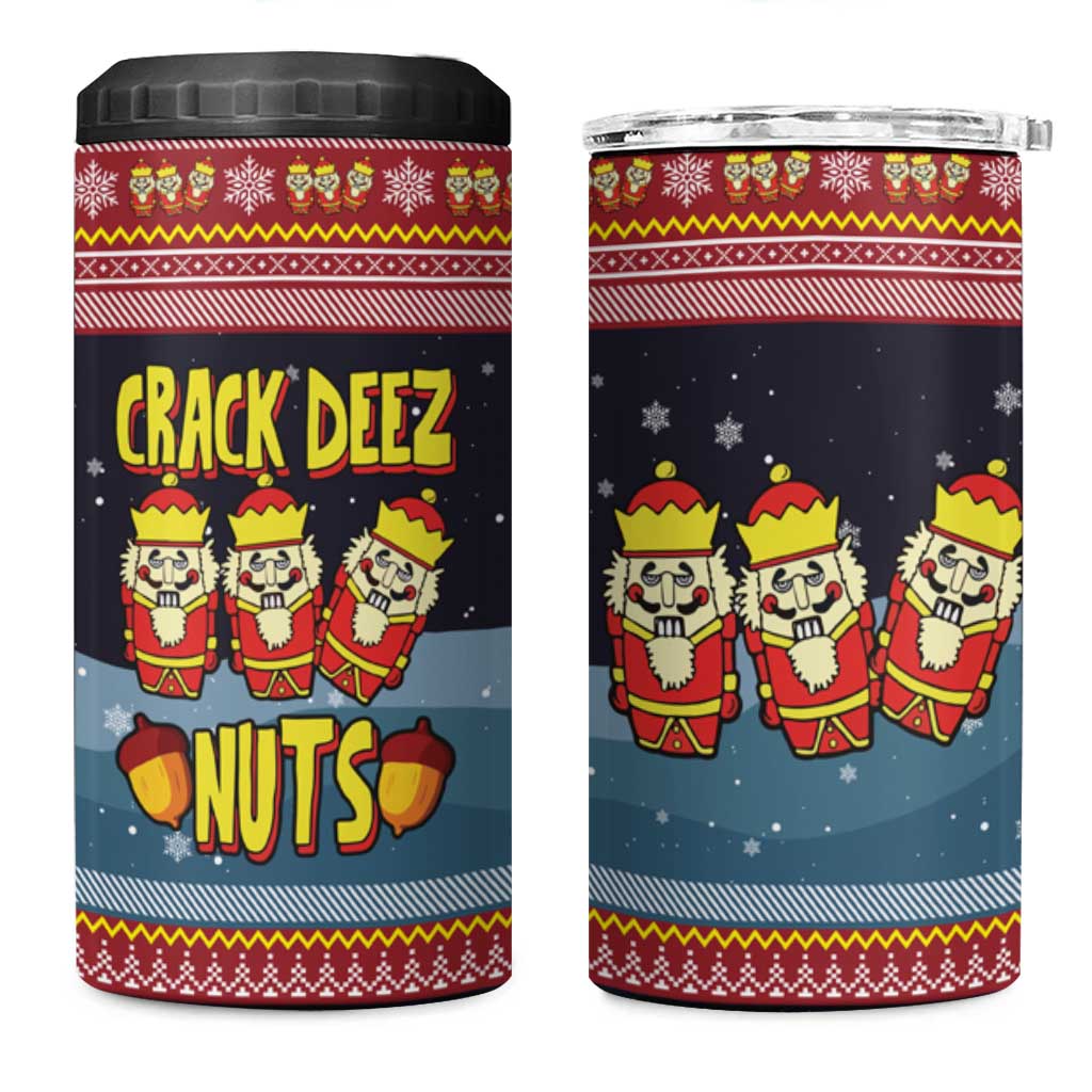 Funny Nutcracker Christmas 4 in 1 Can Cooler Tumbler with Crack Deez Nuts Quote and Holiday Pattern Design - Wonder Print Shop