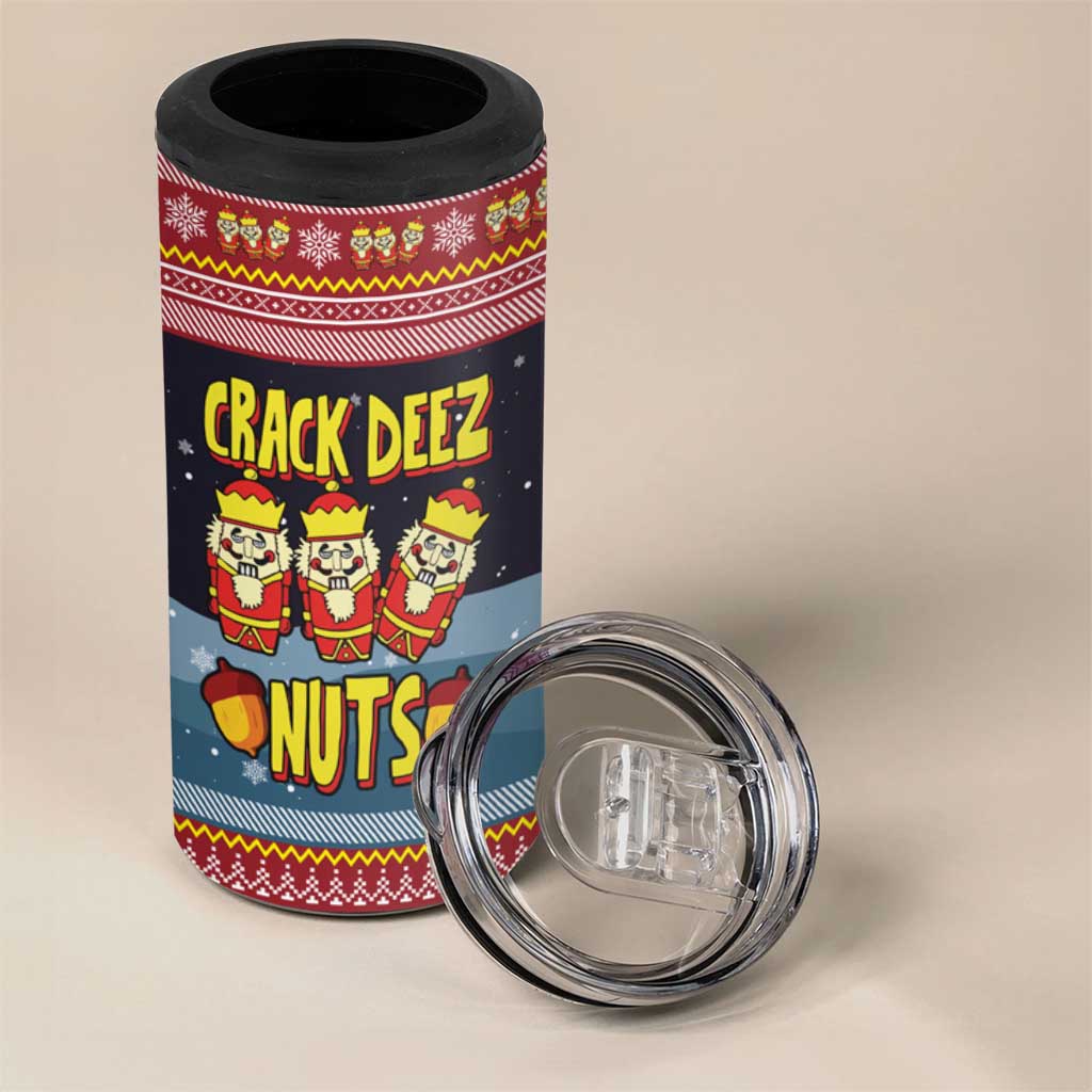 Funny Nutcracker Christmas 4 in 1 Can Cooler Tumbler with Crack Deez Nuts Quote and Holiday Pattern Design - Wonder Print Shop