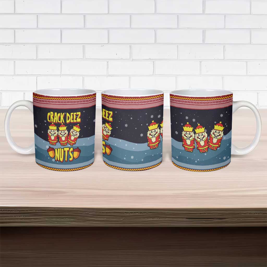 Funny Nutcracker Christmas Ceramic Mug with Crack Deez Nuts Quote and Holiday Pattern Design - Wonder Print Shop