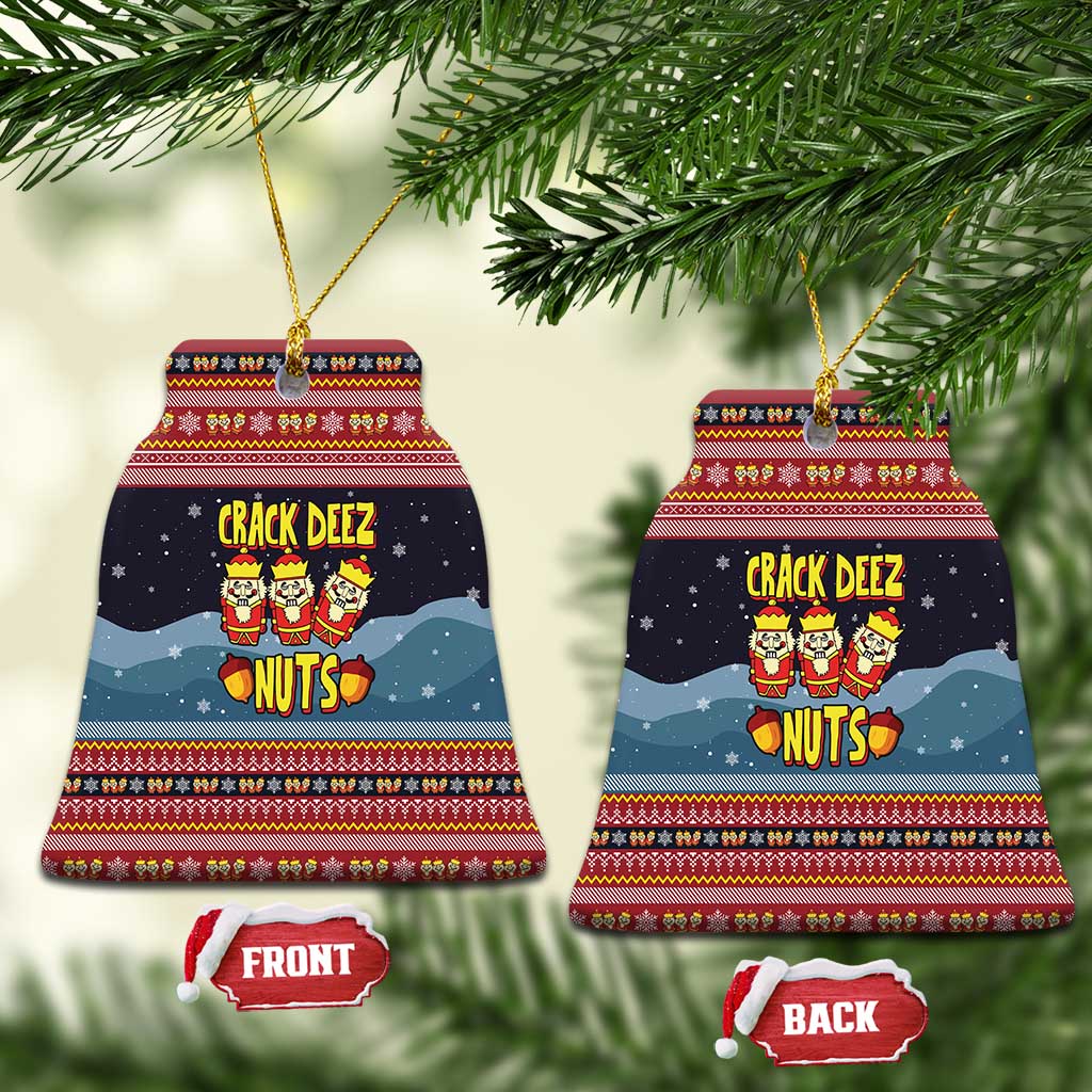 Funny Nutcracker Christmas Ceramic Ornament with Crack Deez Nuts Quote and Holiday Pattern Design - Wonder Print Shop