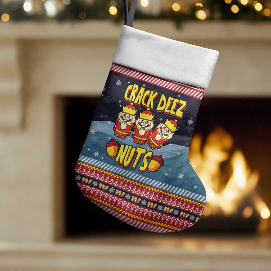 Funny Nutcracker Christmas Stocking with Crack Deez Nuts Quote and Holiday Pattern Design - Wonder Print Shop