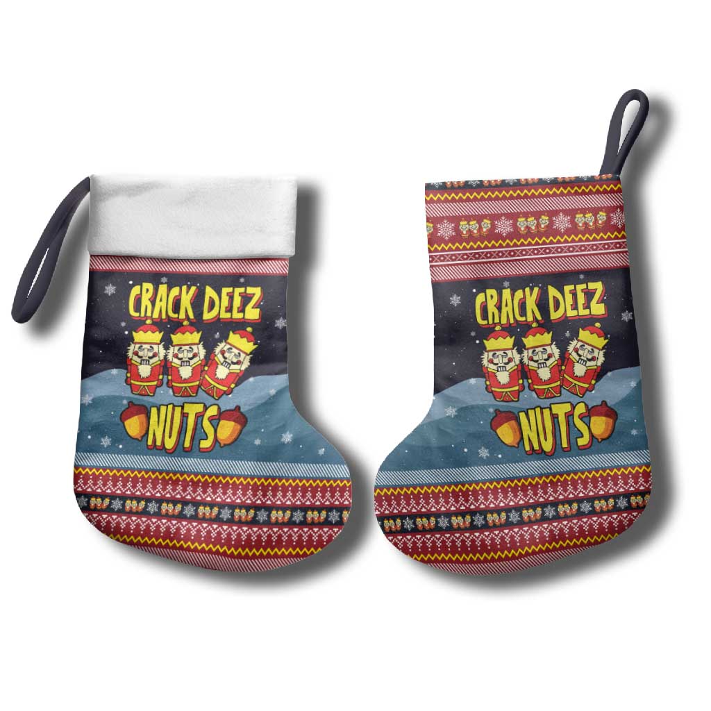 Funny Nutcracker Christmas Stocking with Crack Deez Nuts Quote and Holiday Pattern Design - Wonder Print Shop