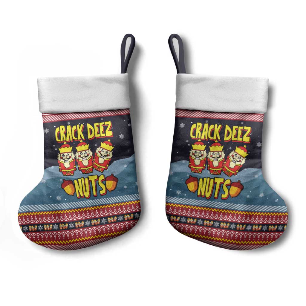 Funny Nutcracker Christmas Stocking with Crack Deez Nuts Quote and Holiday Pattern Design - Wonder Print Shop