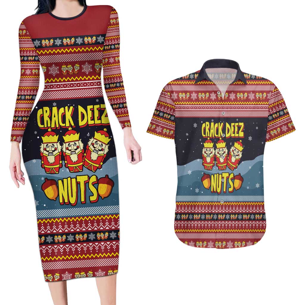 Funny Nutcracker Christmas Couples Matching Long Sleeve Bodycon Dress and Hawaiian Shirt with Crack Deez Nuts Quote and Holiday Pattern Design - Wonder Print Shop