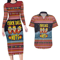Funny Nutcracker Christmas Couples Matching Long Sleeve Bodycon Dress and Hawaiian Shirt with Crack Deez Nuts Quote and Holiday Pattern Design - Wonder Print Shop