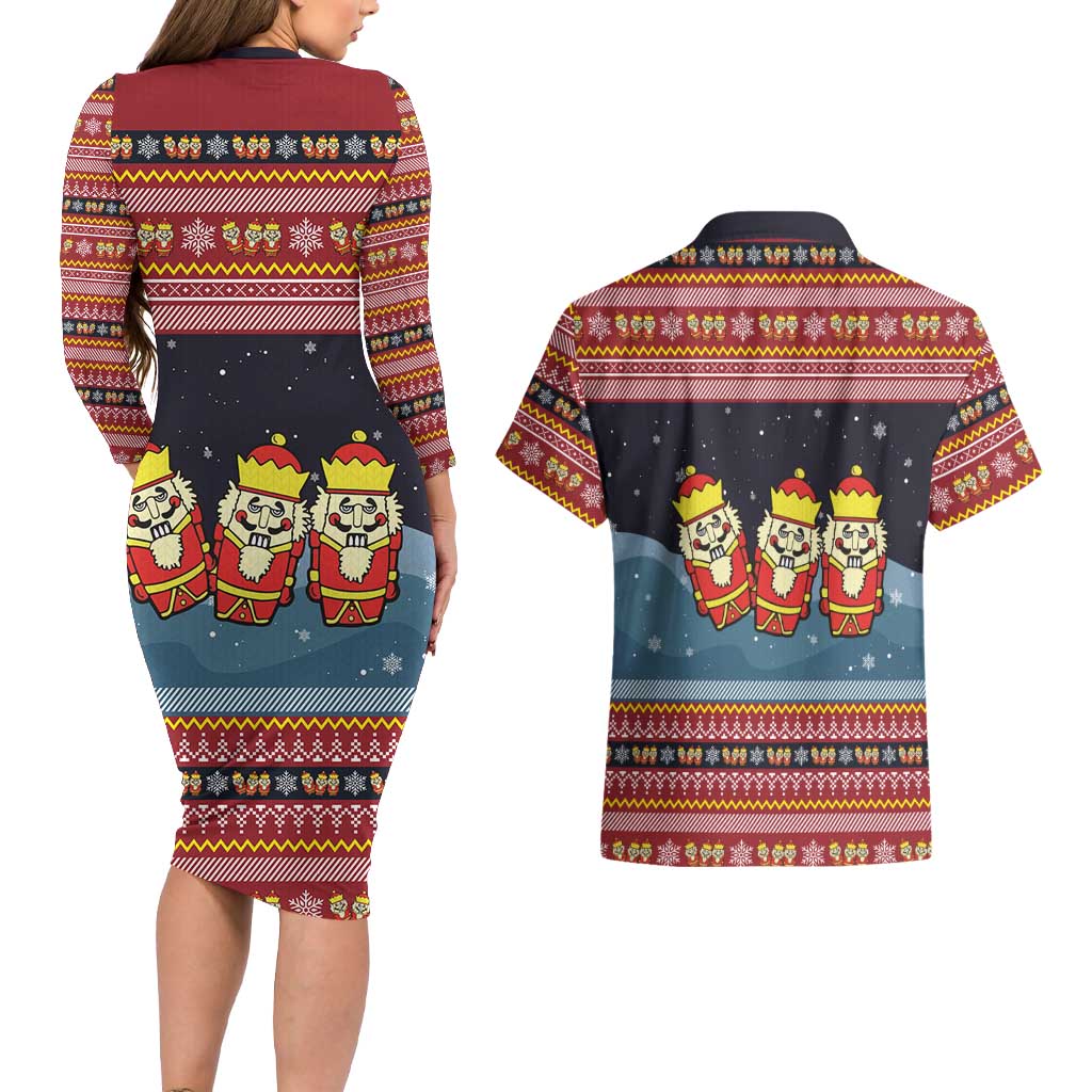 Funny Nutcracker Christmas Couples Matching Long Sleeve Bodycon Dress and Hawaiian Shirt with Crack Deez Nuts Quote and Holiday Pattern Design - Wonder Print Shop