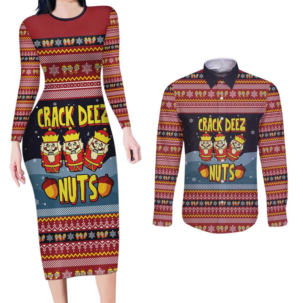 Funny Nutcracker Christmas Couples Matching Long Sleeve Bodycon Dress and Long Sleeve Button Shirt with Crack Deez Nuts Quote and Holiday Pattern Design - Wonder Print Shop