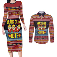 Funny Nutcracker Christmas Couples Matching Long Sleeve Bodycon Dress and Long Sleeve Button Shirt with Crack Deez Nuts Quote and Holiday Pattern Design - Wonder Print Shop