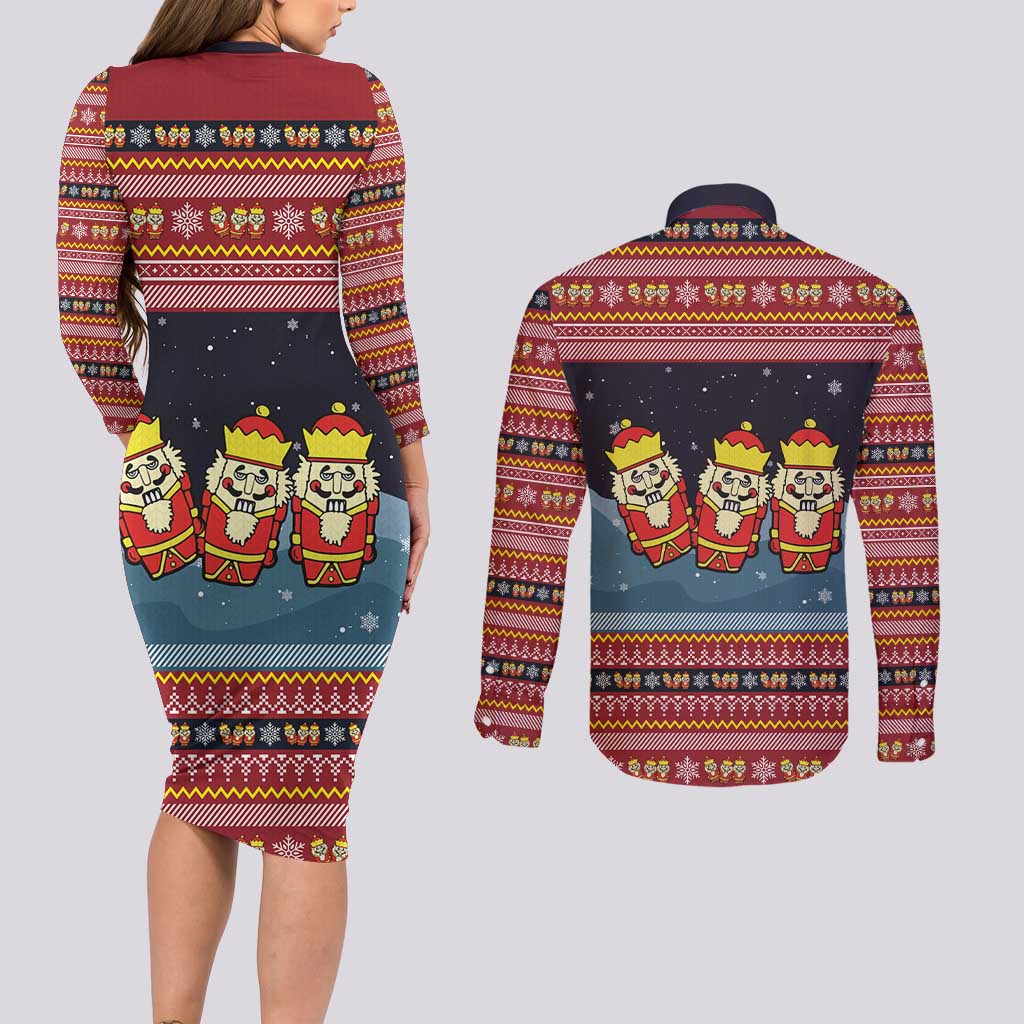 Funny Nutcracker Christmas Couples Matching Long Sleeve Bodycon Dress and Long Sleeve Button Shirt with Crack Deez Nuts Quote and Holiday Pattern Design - Wonder Print Shop