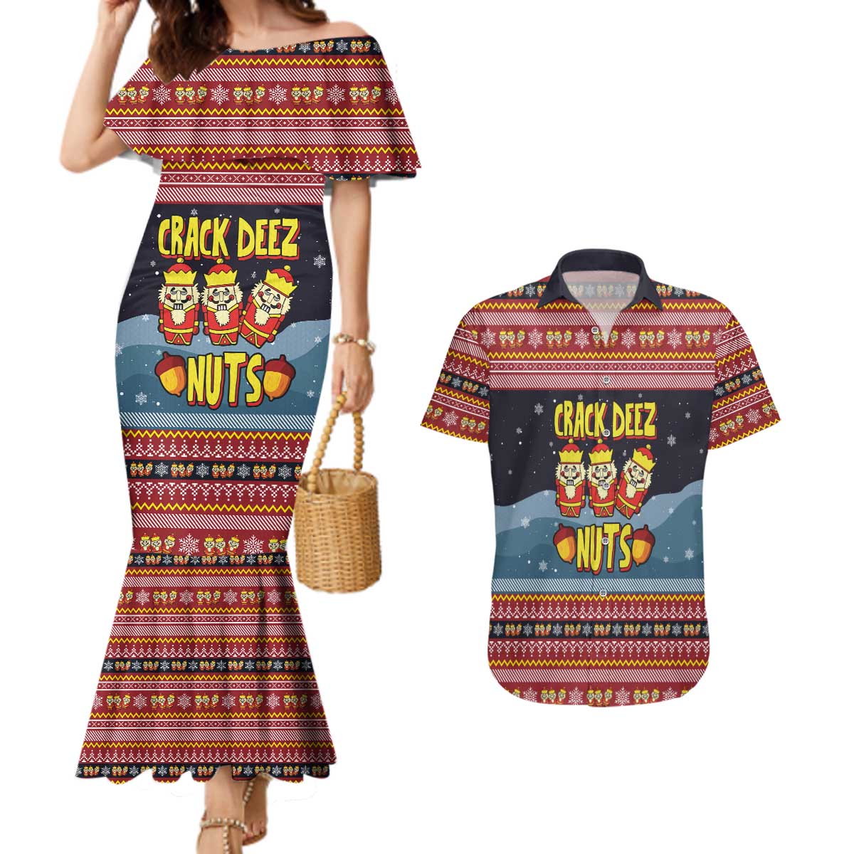 Funny Nutcracker Christmas Couples Matching Mermaid Dress and Hawaiian Shirt with Crack Deez Nuts Quote and Holiday Pattern Design - Wonder Print Shop