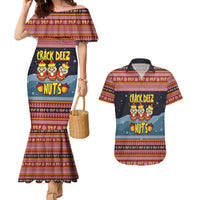 Funny Nutcracker Christmas Couples Matching Mermaid Dress and Hawaiian Shirt with Crack Deez Nuts Quote and Holiday Pattern Design - Wonder Print Shop