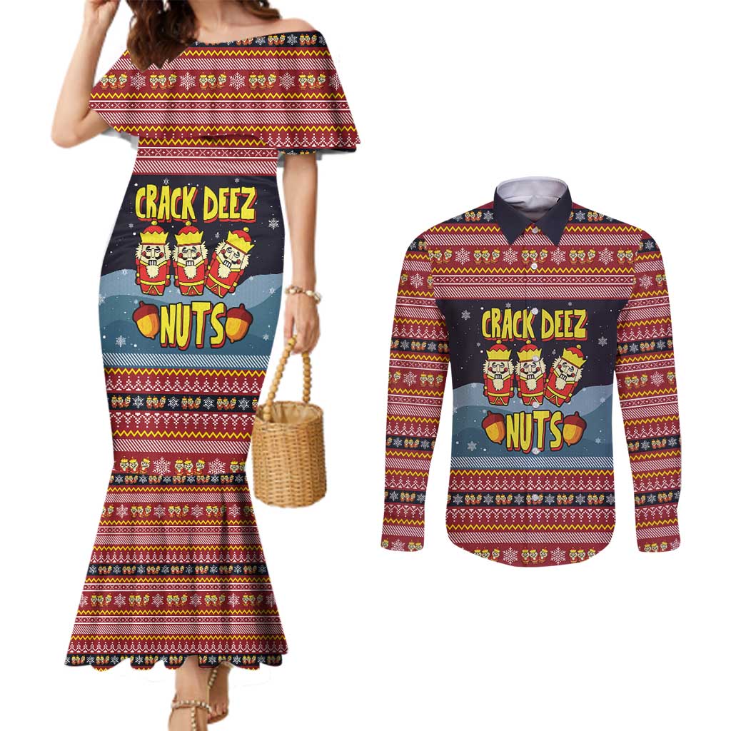 Funny Nutcracker Christmas Couples Matching Mermaid Dress and Long Sleeve Button Shirt with Crack Deez Nuts Quote and Holiday Pattern Design - Wonder Print Shop