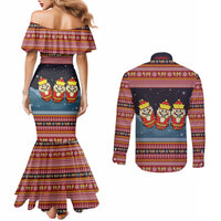 Funny Nutcracker Christmas Couples Matching Mermaid Dress and Long Sleeve Button Shirt with Crack Deez Nuts Quote and Holiday Pattern Design - Wonder Print Shop