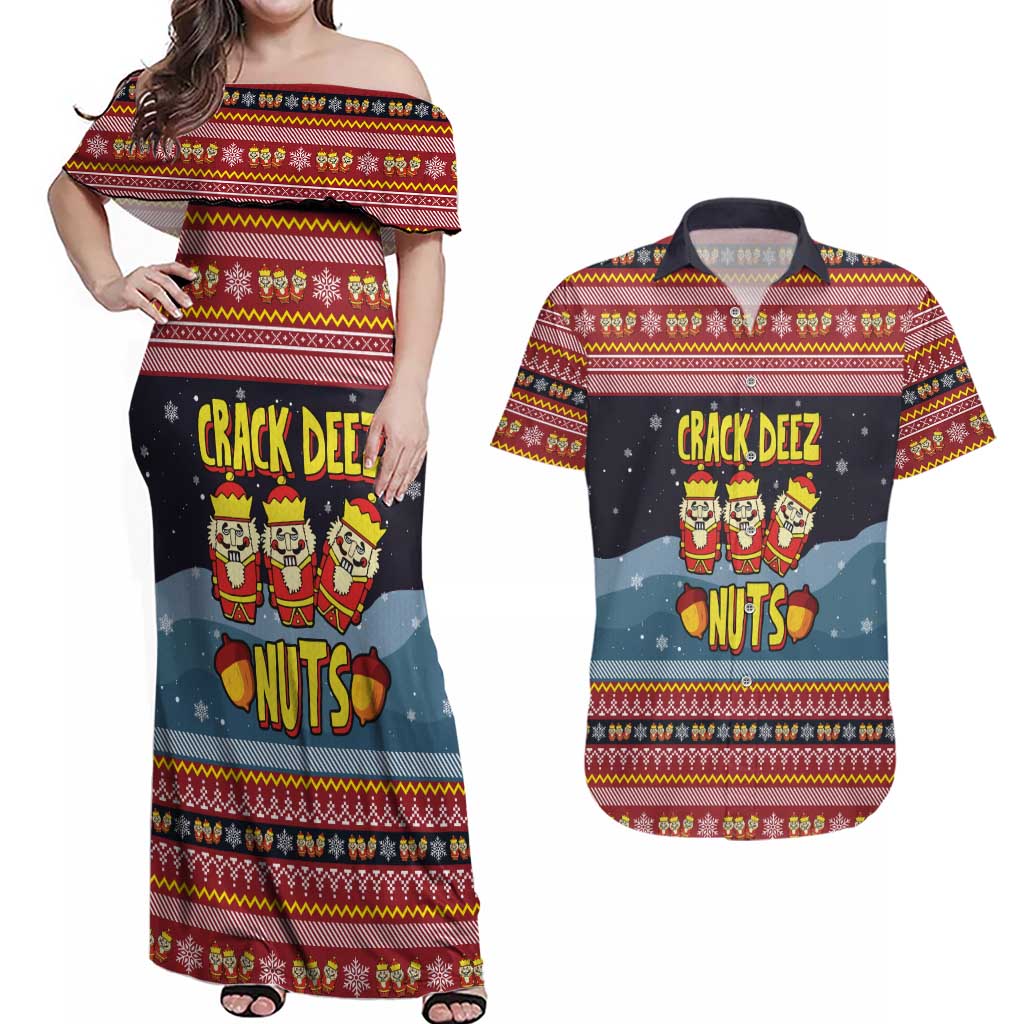 Funny Nutcracker Christmas Couples Matching Off Shoulder Maxi Dress and Hawaiian Shirt with Crack Deez Nuts Quote and Holiday Pattern Design - Wonder Print Shop