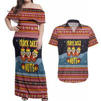 Funny Nutcracker Christmas Couples Matching Off Shoulder Maxi Dress and Hawaiian Shirt with Crack Deez Nuts Quote and Holiday Pattern Design - Wonder Print Shop
