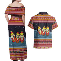 Funny Nutcracker Christmas Couples Matching Off Shoulder Maxi Dress and Hawaiian Shirt with Crack Deez Nuts Quote and Holiday Pattern Design - Wonder Print Shop