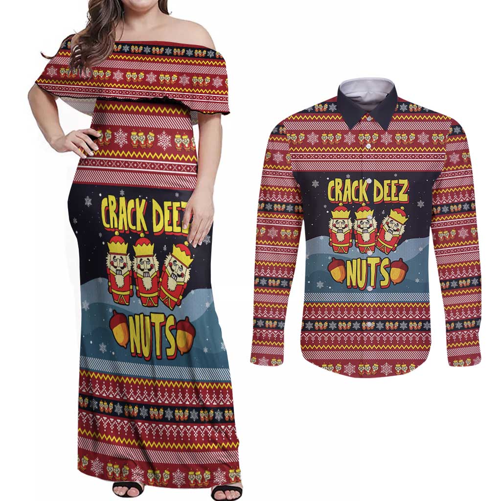 Funny Nutcracker Christmas Couples Matching Off Shoulder Maxi Dress and Long Sleeve Button Shirt with Crack Deez Nuts Quote and Holiday Pattern Design - Wonder Print Shop