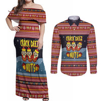 Funny Nutcracker Christmas Couples Matching Off Shoulder Maxi Dress and Long Sleeve Button Shirt with Crack Deez Nuts Quote and Holiday Pattern Design - Wonder Print Shop