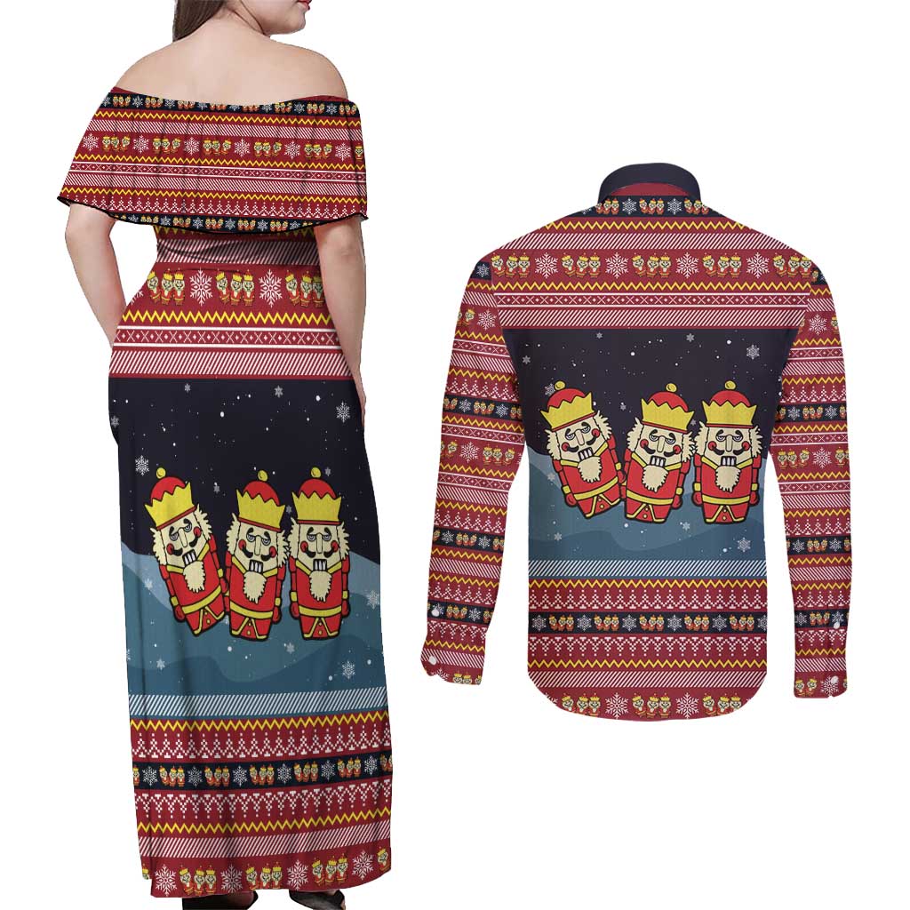 Funny Nutcracker Christmas Couples Matching Off Shoulder Maxi Dress and Long Sleeve Button Shirt with Crack Deez Nuts Quote and Holiday Pattern Design - Wonder Print Shop