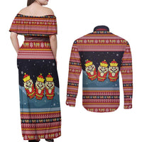 Funny Nutcracker Christmas Couples Matching Off Shoulder Maxi Dress and Long Sleeve Button Shirt with Crack Deez Nuts Quote and Holiday Pattern Design - Wonder Print Shop
