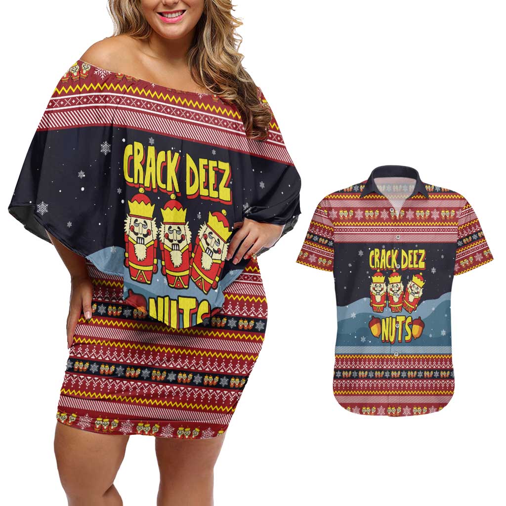 Funny Nutcracker Christmas Couples Matching Off Shoulder Short Dress and Hawaiian Shirt with Crack Deez Nuts Quote and Holiday Pattern Design - Wonder Print Shop