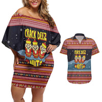 Funny Nutcracker Christmas Couples Matching Off Shoulder Short Dress and Hawaiian Shirt with Crack Deez Nuts Quote and Holiday Pattern Design - Wonder Print Shop
