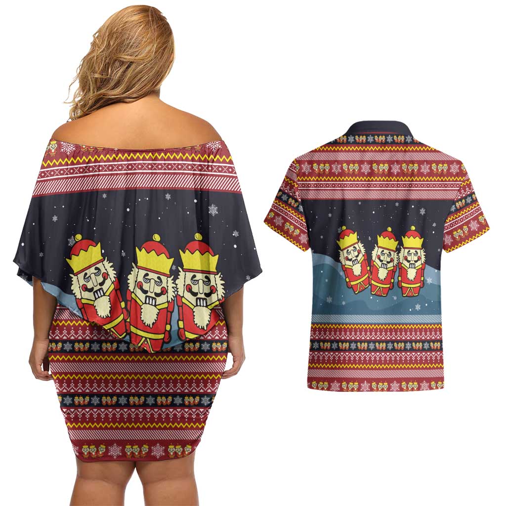 Funny Nutcracker Christmas Couples Matching Off Shoulder Short Dress and Hawaiian Shirt with Crack Deez Nuts Quote and Holiday Pattern Design - Wonder Print Shop