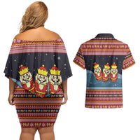 Funny Nutcracker Christmas Couples Matching Off Shoulder Short Dress and Hawaiian Shirt with Crack Deez Nuts Quote and Holiday Pattern Design - Wonder Print Shop