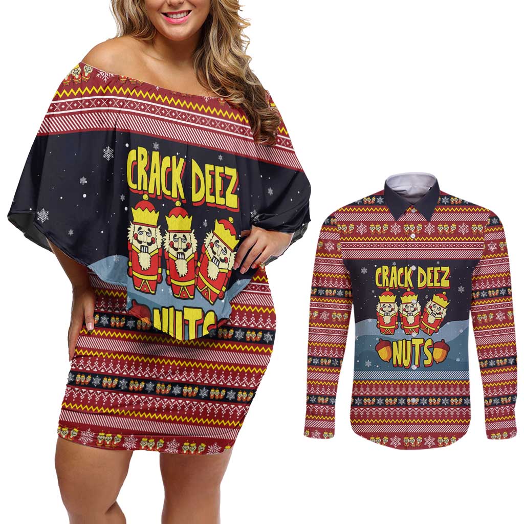 Funny Nutcracker Christmas Couples Matching Off Shoulder Short Dress and Long Sleeve Button Shirt with Crack Deez Nuts Quote and Holiday Pattern Design - Wonder Print Shop