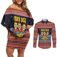 Funny Nutcracker Christmas Couples Matching Off Shoulder Short Dress and Long Sleeve Button Shirt with Crack Deez Nuts Quote and Holiday Pattern Design - Wonder Print Shop