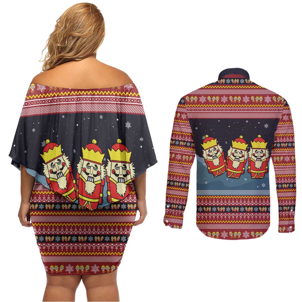Funny Nutcracker Christmas Couples Matching Off Shoulder Short Dress and Long Sleeve Button Shirt with Crack Deez Nuts Quote and Holiday Pattern Design - Wonder Print Shop