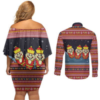 Funny Nutcracker Christmas Couples Matching Off Shoulder Short Dress and Long Sleeve Button Shirt with Crack Deez Nuts Quote and Holiday Pattern Design - Wonder Print Shop