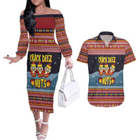 Funny Nutcracker Christmas Couples Matching Off The Shoulder Long Sleeve Dress and Hawaiian Shirt with Crack Deez Nuts Quote and Holiday Pattern Design - Wonder Print Shop