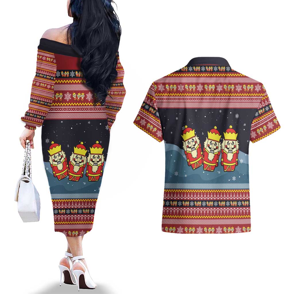 Funny Nutcracker Christmas Couples Matching Off The Shoulder Long Sleeve Dress and Hawaiian Shirt with Crack Deez Nuts Quote and Holiday Pattern Design - Wonder Print Shop