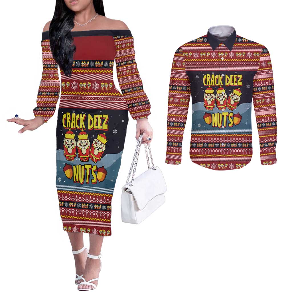 Funny Nutcracker Christmas Couples Matching Off The Shoulder Long Sleeve Dress and Long Sleeve Button Shirt with Crack Deez Nuts Quote and Holiday Pattern Design - Wonder Print Shop