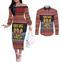 Funny Nutcracker Christmas Couples Matching Off The Shoulder Long Sleeve Dress and Long Sleeve Button Shirt with Crack Deez Nuts Quote and Holiday Pattern Design - Wonder Print Shop