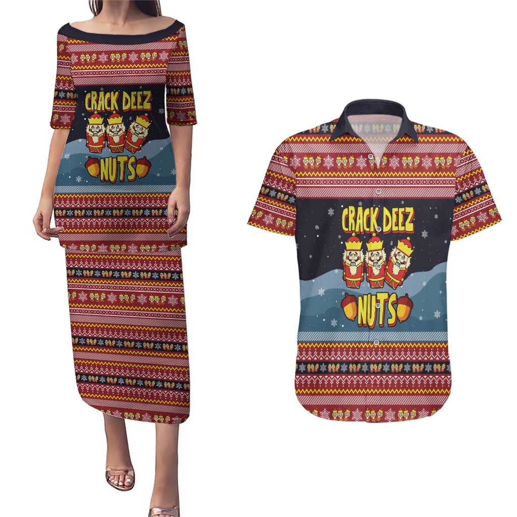Funny Nutcracker Christmas Couples Matching Puletasi and Hawaiian Shirt with Crack Deez Nuts Quote and Holiday Pattern Design - Wonder Print Shop