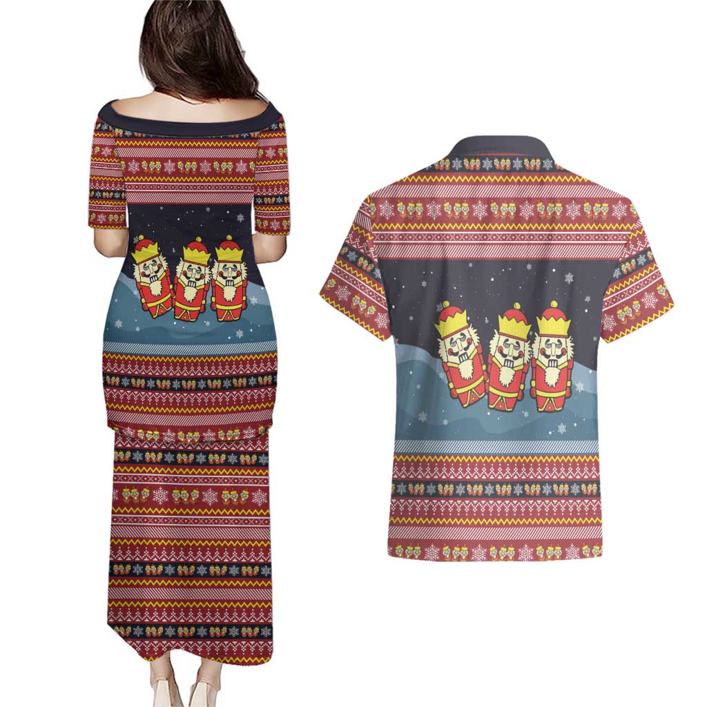 Funny Nutcracker Christmas Couples Matching Puletasi and Hawaiian Shirt with Crack Deez Nuts Quote and Holiday Pattern Design - Wonder Print Shop