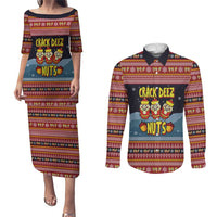 Funny Nutcracker Christmas Couples Matching Puletasi and Long Sleeve Button Shirt with Crack Deez Nuts Quote and Holiday Pattern Design - Wonder Print Shop