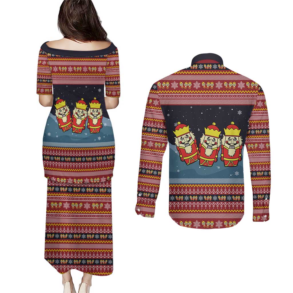 Funny Nutcracker Christmas Couples Matching Puletasi and Long Sleeve Button Shirt with Crack Deez Nuts Quote and Holiday Pattern Design - Wonder Print Shop